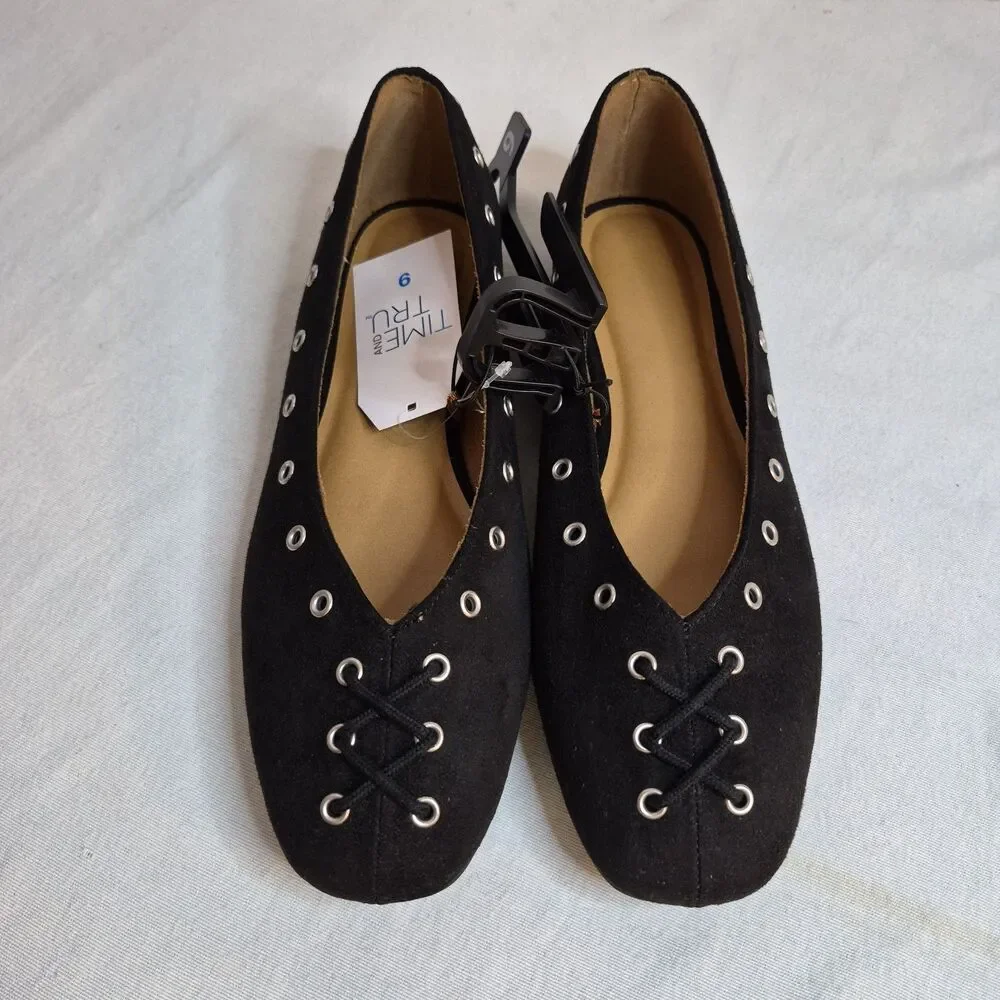 Time And Tru Women's Corset Ballet Flats Size 9 Black Faux Suede  Grommets